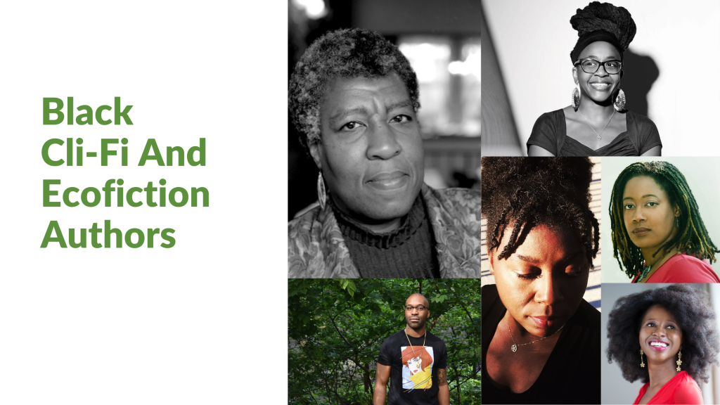 A photo collage of all the authors beside the text, "Black Cli-Fi And Ecofiction Authors."