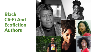 A photo collage of all the authors beside the text, "Black Cli-Fi And Ecofiction Authors."