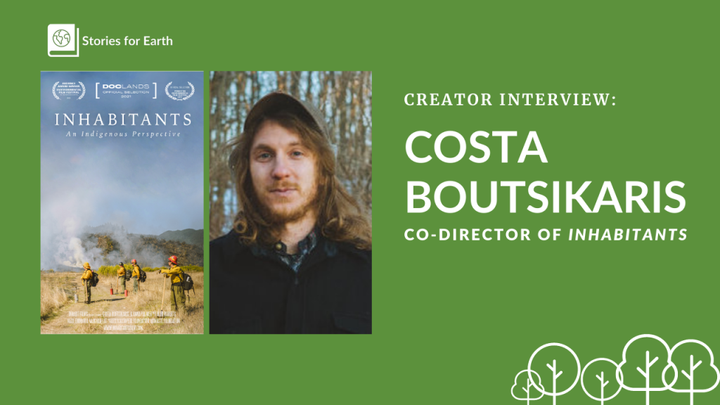 A photo of filmmaker Costa Boutsikaris next to the cover for the documentary Inhabitants.